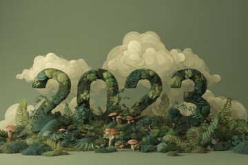 Vibrant 2023 Landscape with Green Foliage and Whimsical Mushrooms