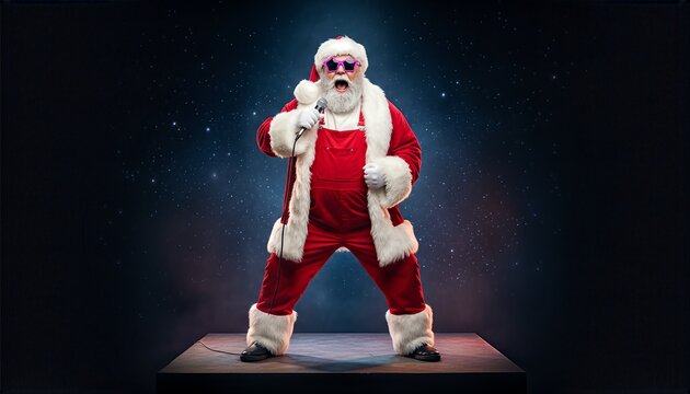 Cool Santa Claus Singing on Stage with Microphone in Festive Lighting