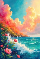 Serene coastal scene with vibrant blossoms and a breathtaking sunset sky, capturing the essence of tranquility and natural beauty