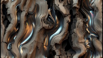 Metallic fluid blending with cracked wooden surface forming intricate patterns of silver and bronze in an abstract organic composition