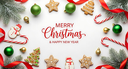 Festive christmas frame with ornaments ribbons and cookies