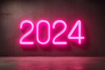 Neon Light Display for Year 2024 in Pink Against Dark Wall