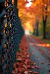 Autumnal Path Beside a Chain-Link Fence, Soft Focus on Fallen Leaves and Pathway