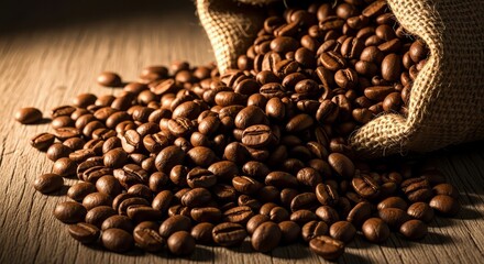 Coffee beans spilling out of a burlap sack onto a rustic wooden surface in soft natural light