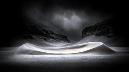 A stark, monochromatic desert landscape featuring dramatic white sand dunes, rugged mountains, and a dark, cloudy sky.