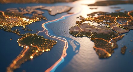 Global network connection showing continents and cities with glowing lights, representing international communication and worldwide business connections