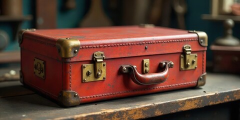 A Vintage Red Leather Suitcase with Brass Hardware Rests on a Rustic Wooden Surface
