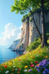 Serene Coastal Cliffscape Vibrant Wildflowers Bloom Beneath Lush Greenery and Towering Rock Formations on a Sunny Day