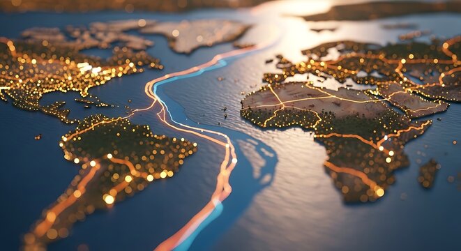 Global network connection showing continents and cities with glowing lights, representing international communication and worldwide business connections