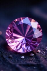 A radiant purple gemstone, meticulously cut and polished, rests on a dark, textured surface, surrounded by smaller stones, creating a striking contrast and highlighting its brilliance.