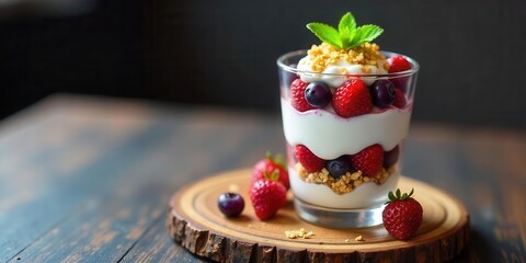 Layered Yogurt Parfait with Fresh Berries and Granola in Glass