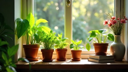 Sunlit Windowsill Garden with Vibrant Green Plants and Delicate Pink Flowers in Terracotta Pots