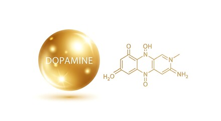 Dopamine molecule structure with golden sphere isolated on white background