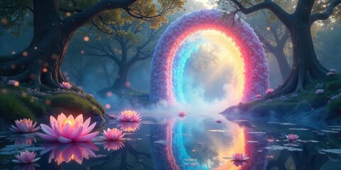 Enchanted Forest Pond with a Luminous Floral Archway, Reflecting in Serene Waters