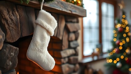 white christmas stocking hanging near a fireplace