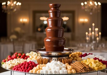 A chocolate fountain surrounded by strawberries raspberries and marshmallows on a round table
