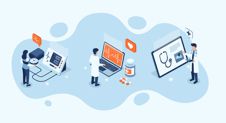 Isometric illustration depicting doctors using technology for remote patient monitoring, telemedicine, and online healthcare services, showcasing modern medical practices