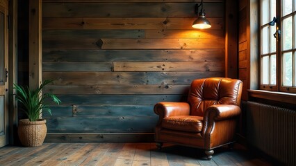 Rustic interior design featuring a leather armchair, illuminated by a wall-mounted lamp, nestled in a room with a rich wooden wall and hardwood floor, complemented by a potted plant.