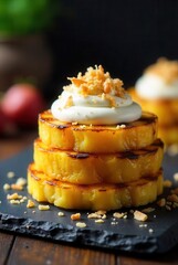 Delicious Grilled Pineapple Slices Topped with Creamy Frosting and Toasted Coconut Flakes