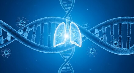 Lungs affected by virus and dna structure on blue background