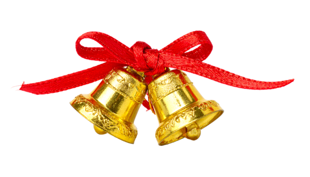 Two golden bells tied together with a bright red ribbon, isolated on a white background, cutout