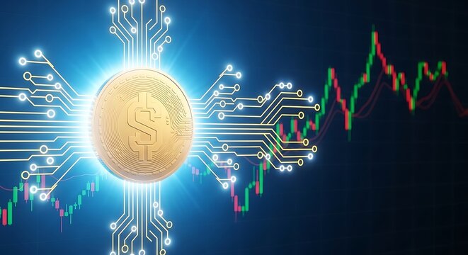 Cryptocurrency coin with circuit board and stock market chart