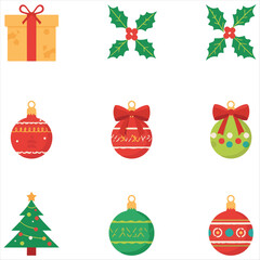 Christmas Holiday Icons Vector Set,Festive Gift Box Holly Tree Bauble Illustration,Winter Season Decoration Elements Vector,Merry Christmas Icon Collection.
