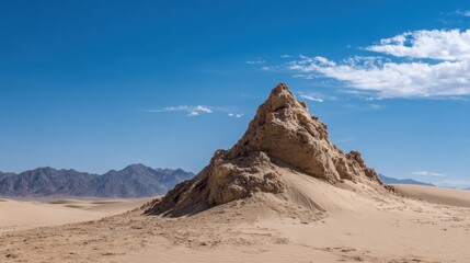Fototapeta premium A tall sand formation stands majestically against a backdrop of distant mountains under a bright blue sky. Warm sunlight highlights the unique texture of the desert.