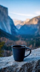 Vibrant photo of a cup of coffee sits on a rock overlooking a mountain range