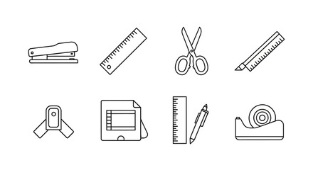 Office Supplies Collection: A diverse array of office tools, meticulously arranged, representing essential instruments for daily work and creative processes, perfect for a dynamic work environment.