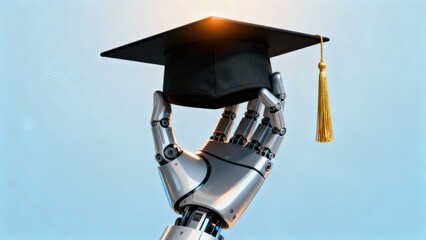 A robotic hand holds a graduation cap against a blue background.