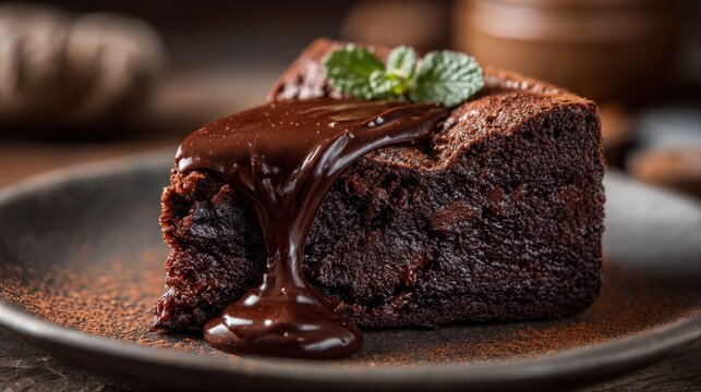 A rich chocolate brownie sits on a dark plate, oozing gooey fudge. Mint leaves add a fresh touch, showcasing a decadent dessert perfect for any occasion.