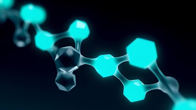 Abstract 3D animation of a glowing polymerization reaction chain, visualizing energy transfer along a molecular network on a dark background.