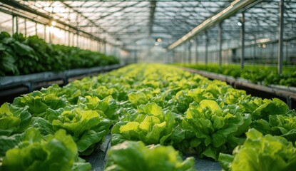 High quality photo of closeup of vibrant green lettuce plants growing in a large greenhouse