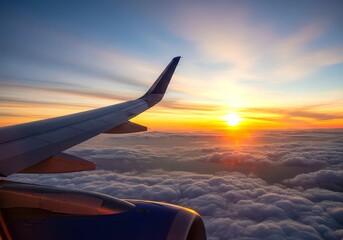 Airplane wing view at sunset above clouds showing the beauty of flight and travel in the sky above earth