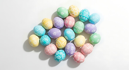 Colorful pastel Easter eggs arranged on clean white background
