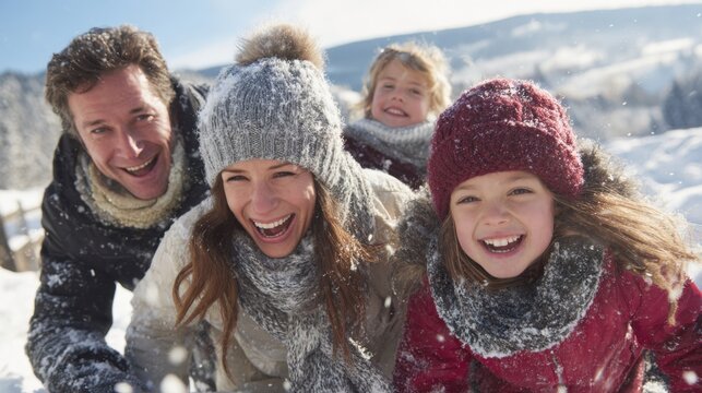 A joyful family is playing in the snow, laughing and smiling while bundled up in warm winter clothes. The bright sun shines over a snowy mountain background, making a perfect winter day. - Powered by Adobe