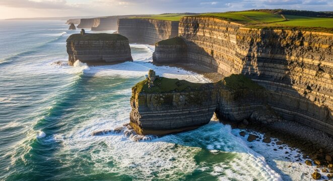 “Dramatic coastal cliffs with powerful waves crashing below, golden sunlight illuminating rugged rock layers, cinematic aerial view.”