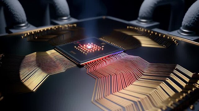 Quantum chip heatmap pulse visualizes futuristic data processing on a glowing AI processor with intricate gold circuits.