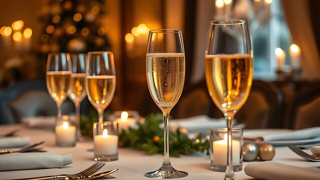 nonessential. Festive dining table with golden spumante and candlelight in luxurious atmosphere. menu design, packaging mockups, designed for food delivery and cloud-kitchen brand materials.