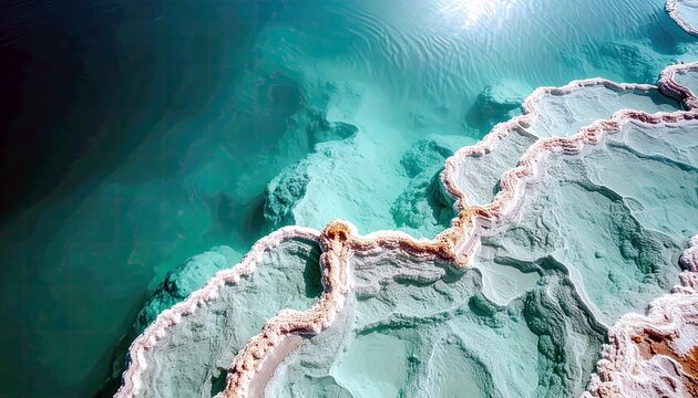 An aerial view showcases the stunning natural formations of turquoise mineral water pools adjacent to layered travertine terraces, with sunlight glinting on the