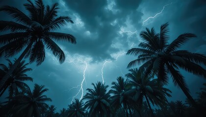 A dramatic landscape of palm trees against a stormy sky with lightning strikes visible above them