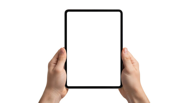 Hands holding digital tablet with blank white screen