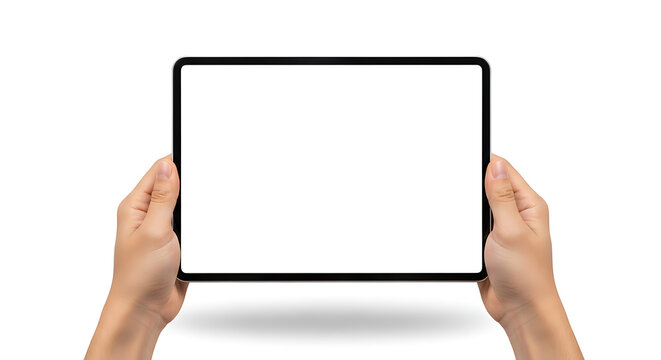 Hands holding digital tablet with blank white screen - Powered by Adobe