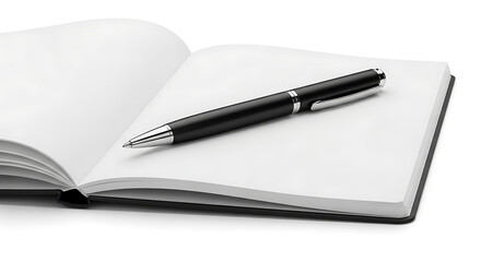 Black metal pen resting diagonally on an open white notebook