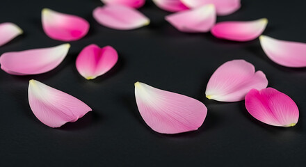 Pink flower petals scattered on black background