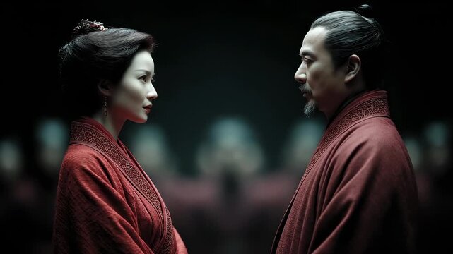 Tang Dynasty Costumes Man and Woman Facing Each Other Showing Majesty