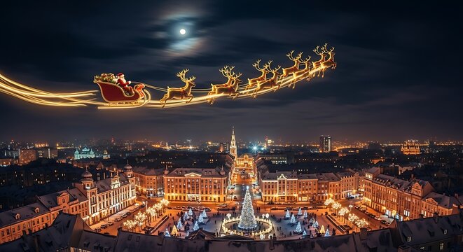Enchanting Christmas city glowing with lights featuring Santa flying above moonlit festive skyline - Powered by Adobe