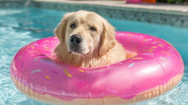 A golden retriever is happily floating in a vibrant pink donut float in a clear pool on a sunny day. The dog looks relaxed and playful while enjoying the water.