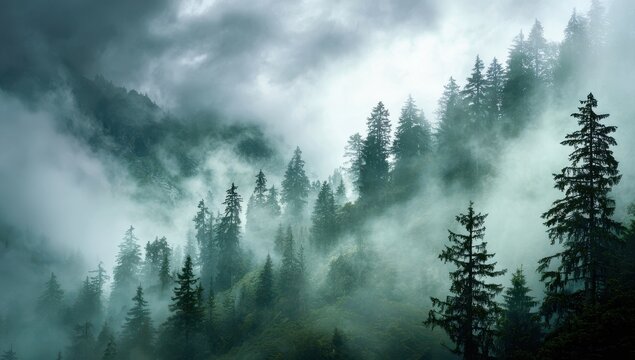High quality photo of mysterious and atmospheric misty forest with tall evergreen trees and dark clouds